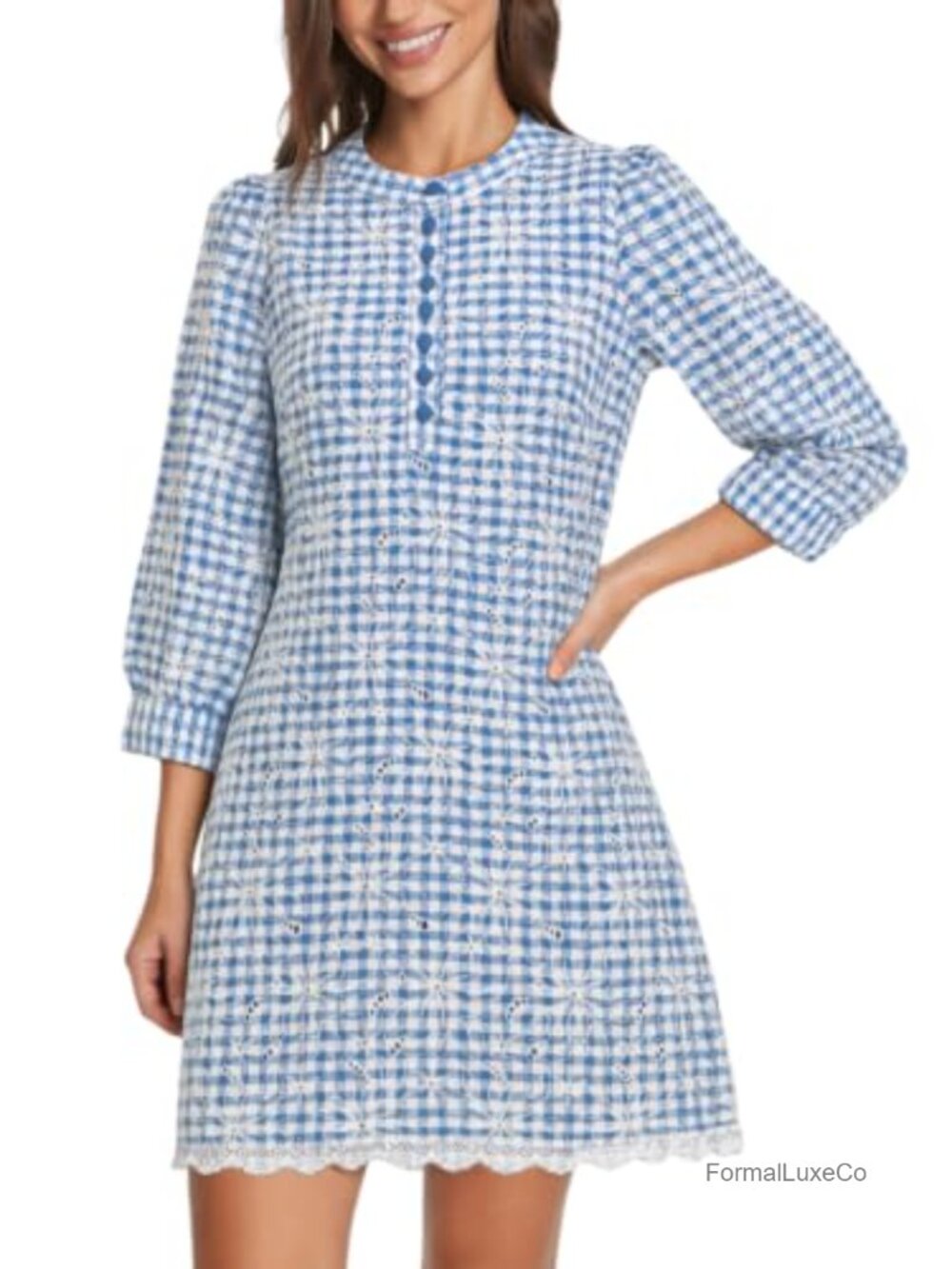 Embroidered Shift Dress Jacquard Cotton 3/4 Sleeve